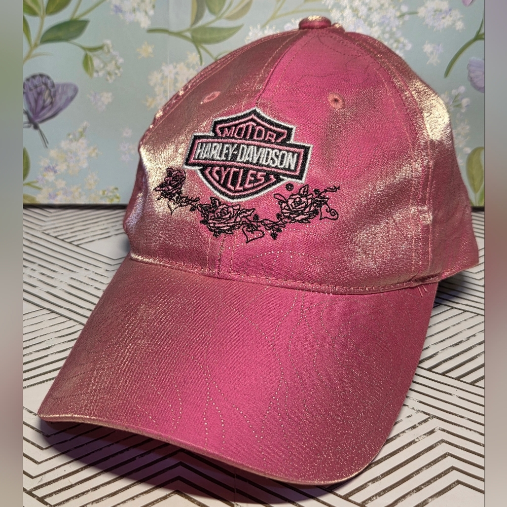 Harley-Davidson Motorcycle Pink Iridescent Roses Baseball Hat Adjustable OSFM